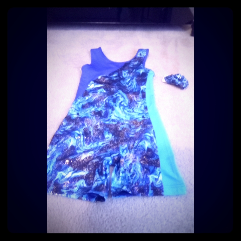 Blue and gold kids jumpsuit thatcome with hair tie